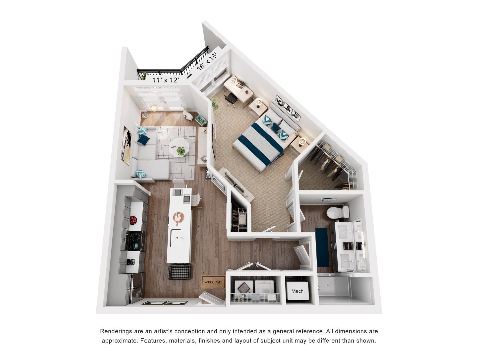 Floor plan for 1 bed, 1 bath, 779 sqft